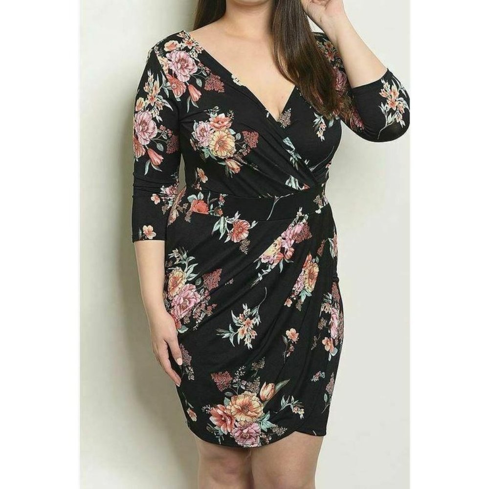 Plus Size Black Floral Print Dress
